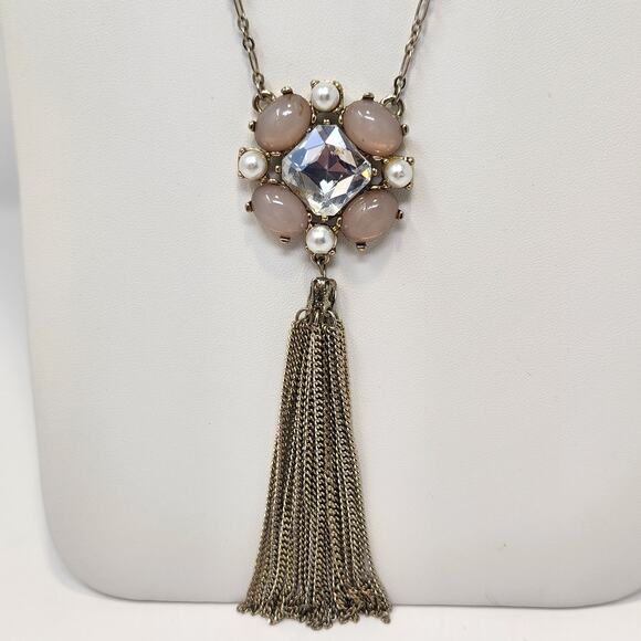 WHBM Pink Clear Rhinestone Metal Tassel Long Necklace Gold Tone Glass Bead - Picture 2 of 6